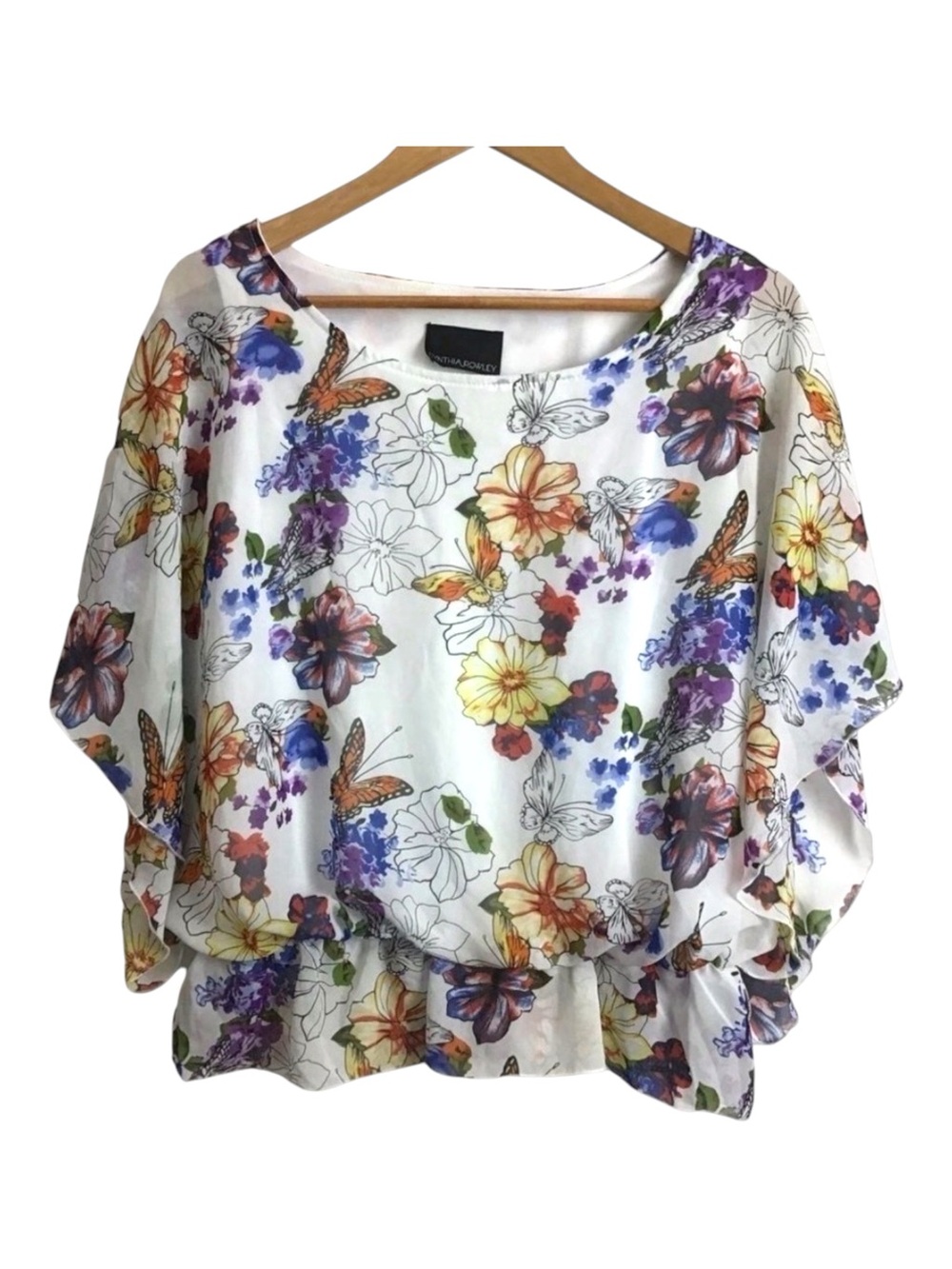CYNTHIA Rowley silky floral butterfly sleeve top blouse round neckline large
